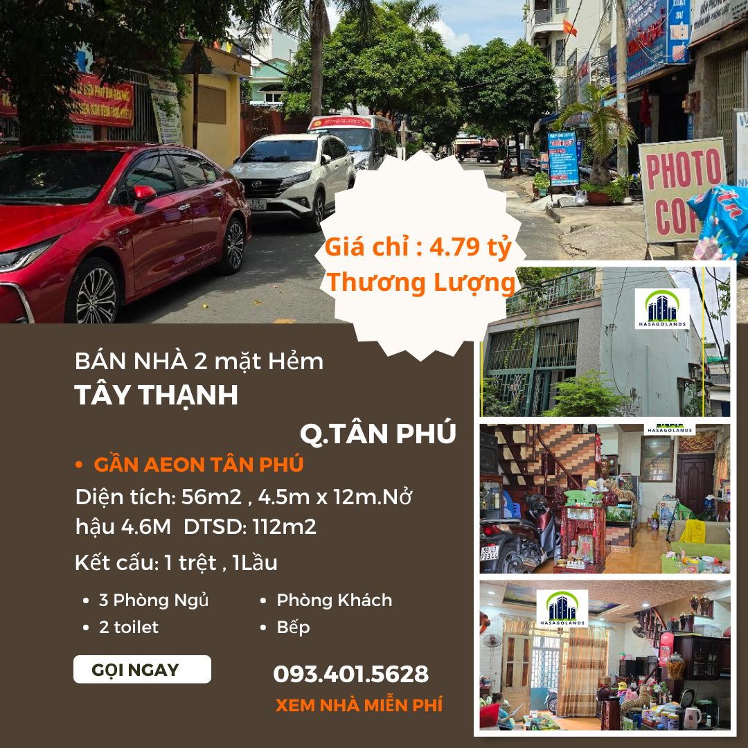 GẤP - Bán nhà 2 mặt tiền  hẻm Tây Thạnh 56m2, 1Lầu, 4.79Tỷ, gần AEON - Ảnh chính